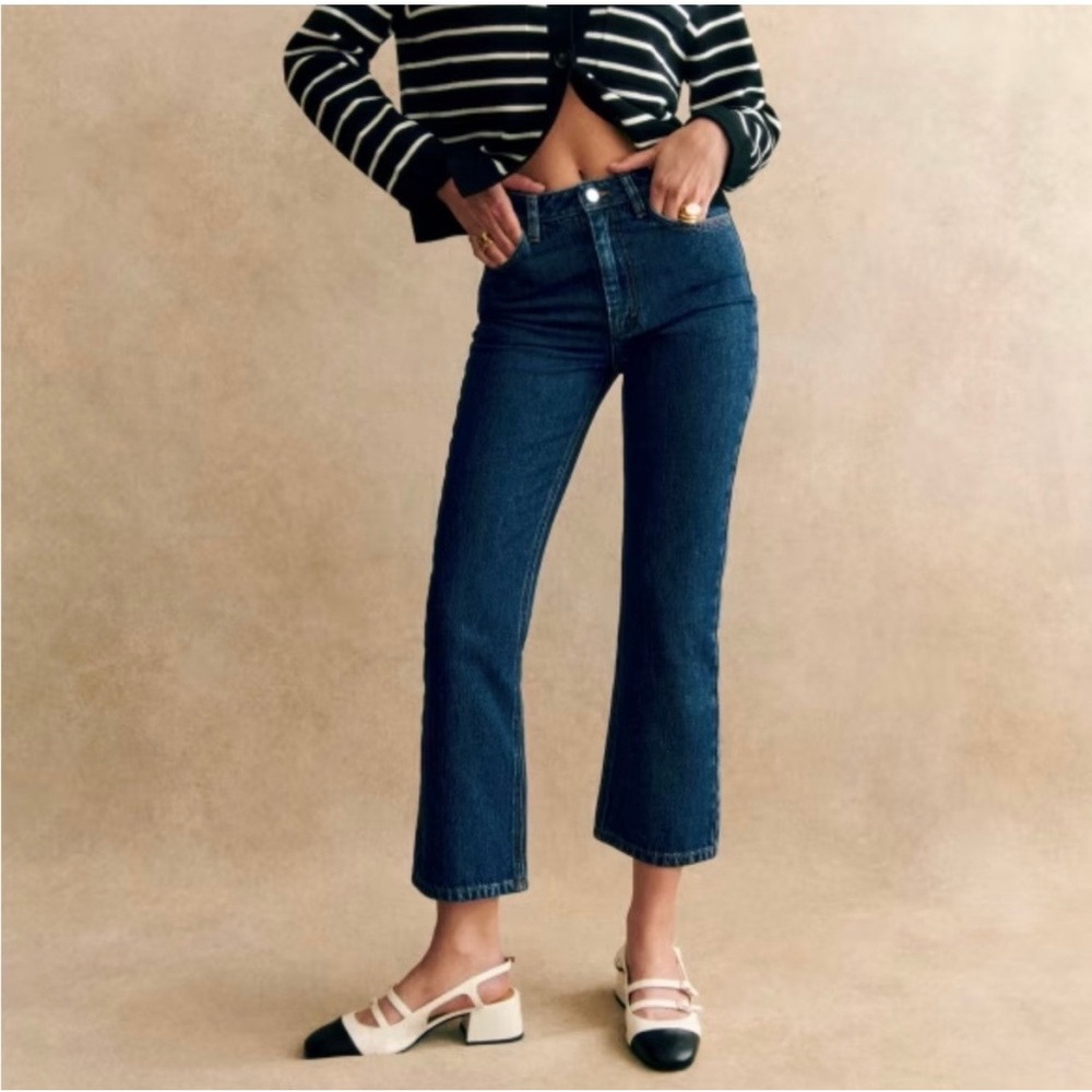 Sezane Laurence Jean High‎ Rise Cropped Flare Denim Blue FR 36 / US 4